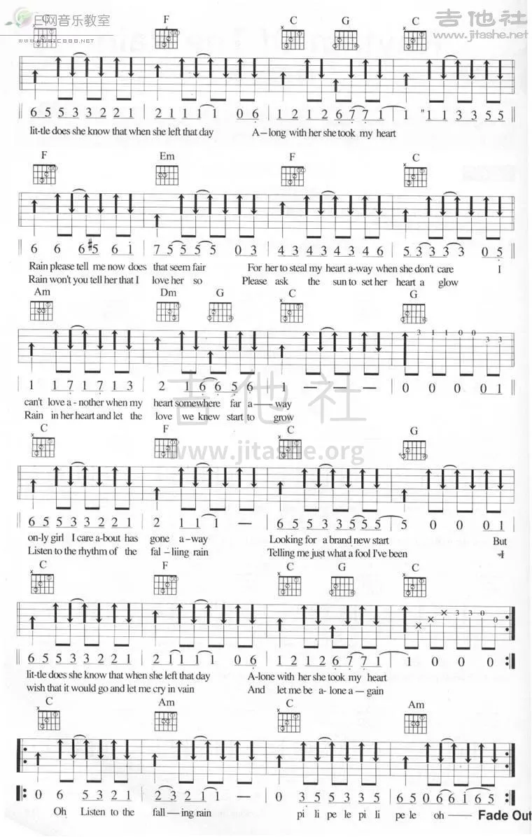 The Cascades 雨的旋律吉他谱A调 吉他社弹唱六线谱