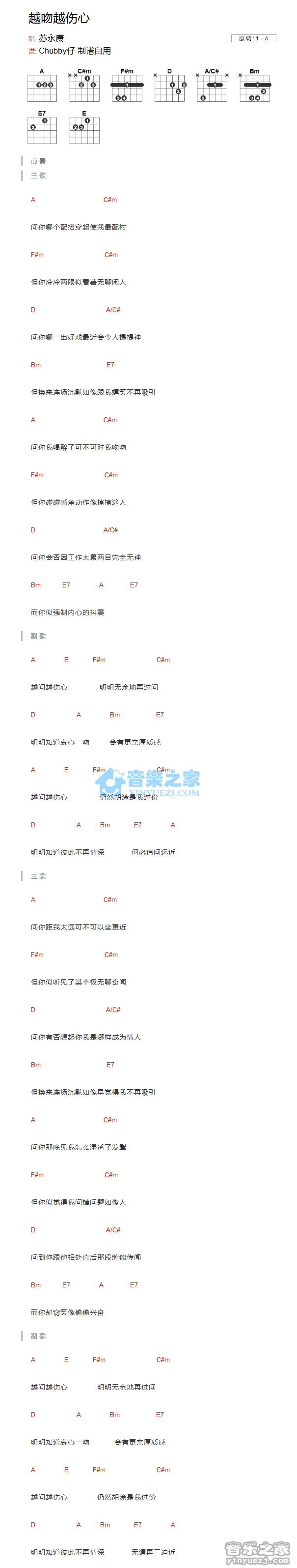 苏永康 越吻越伤心吉他谱A调 音乐之家弹唱六线谱