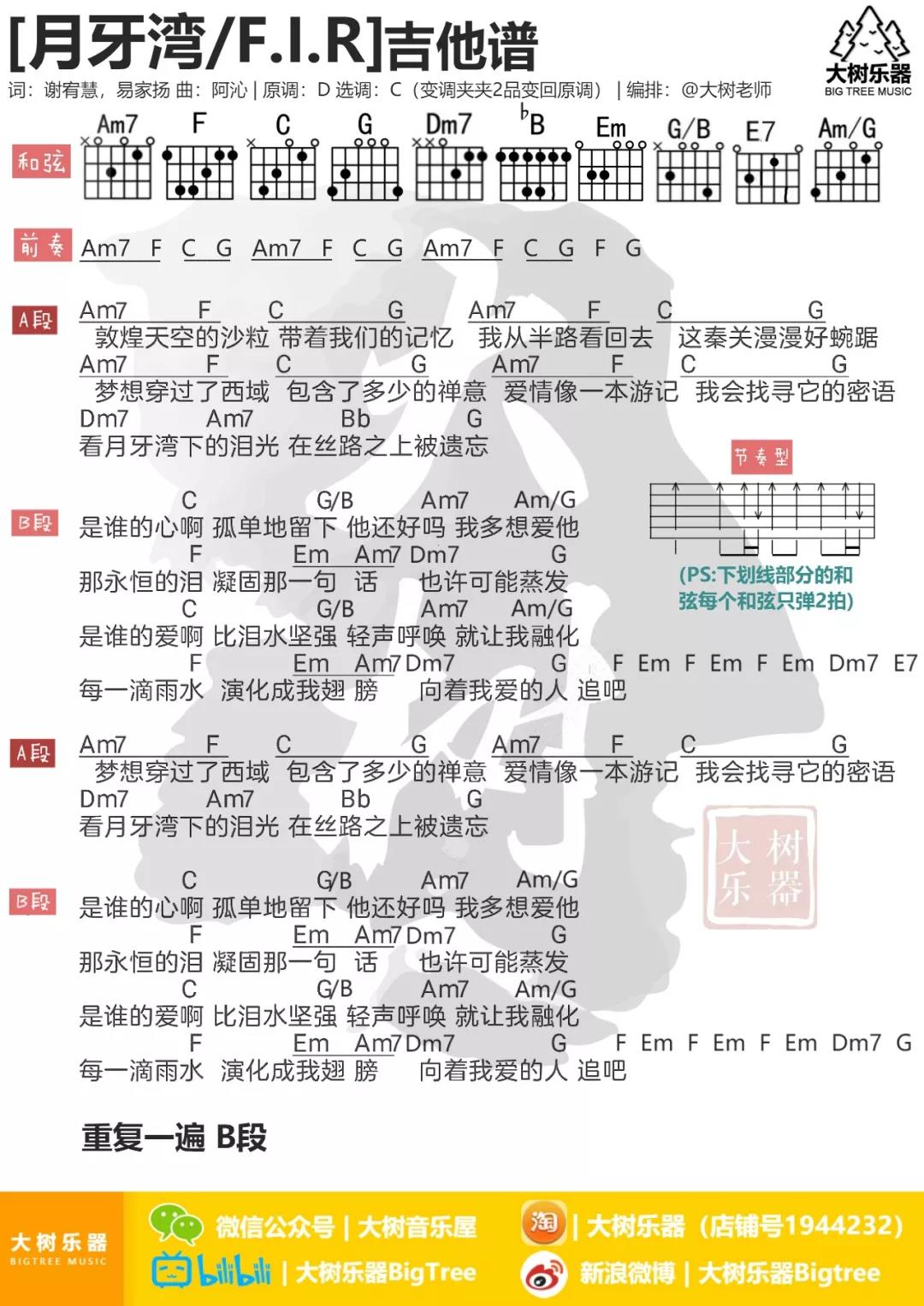 飞儿乐团 月牙湾吉他谱C调 大树音乐屋弹唱六线谱