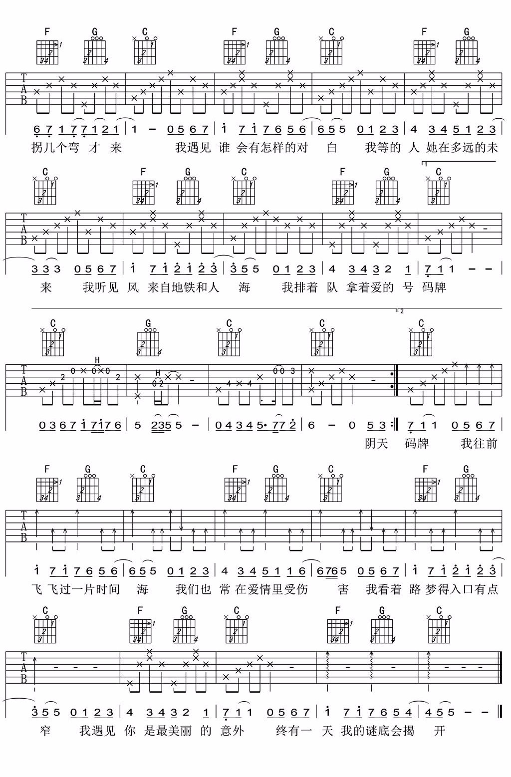 孙燕姿 遇见吉他谱C调 弹唱六线谱
