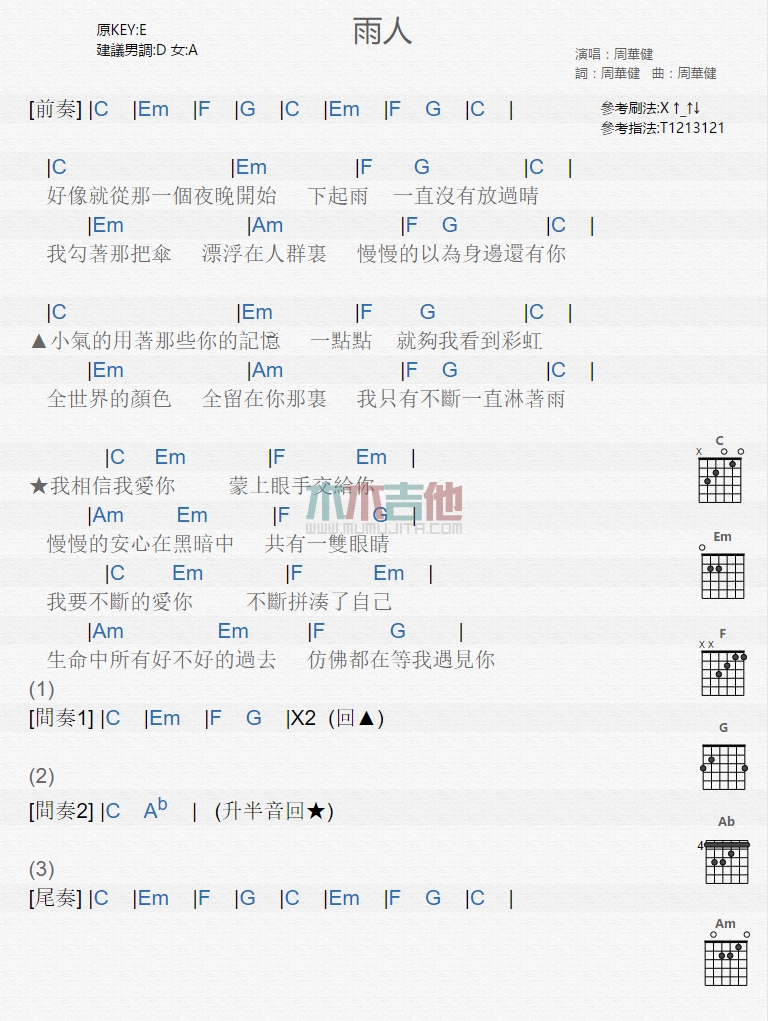 周华健 雨人吉他谱E调 木木吉他弹唱六线谱