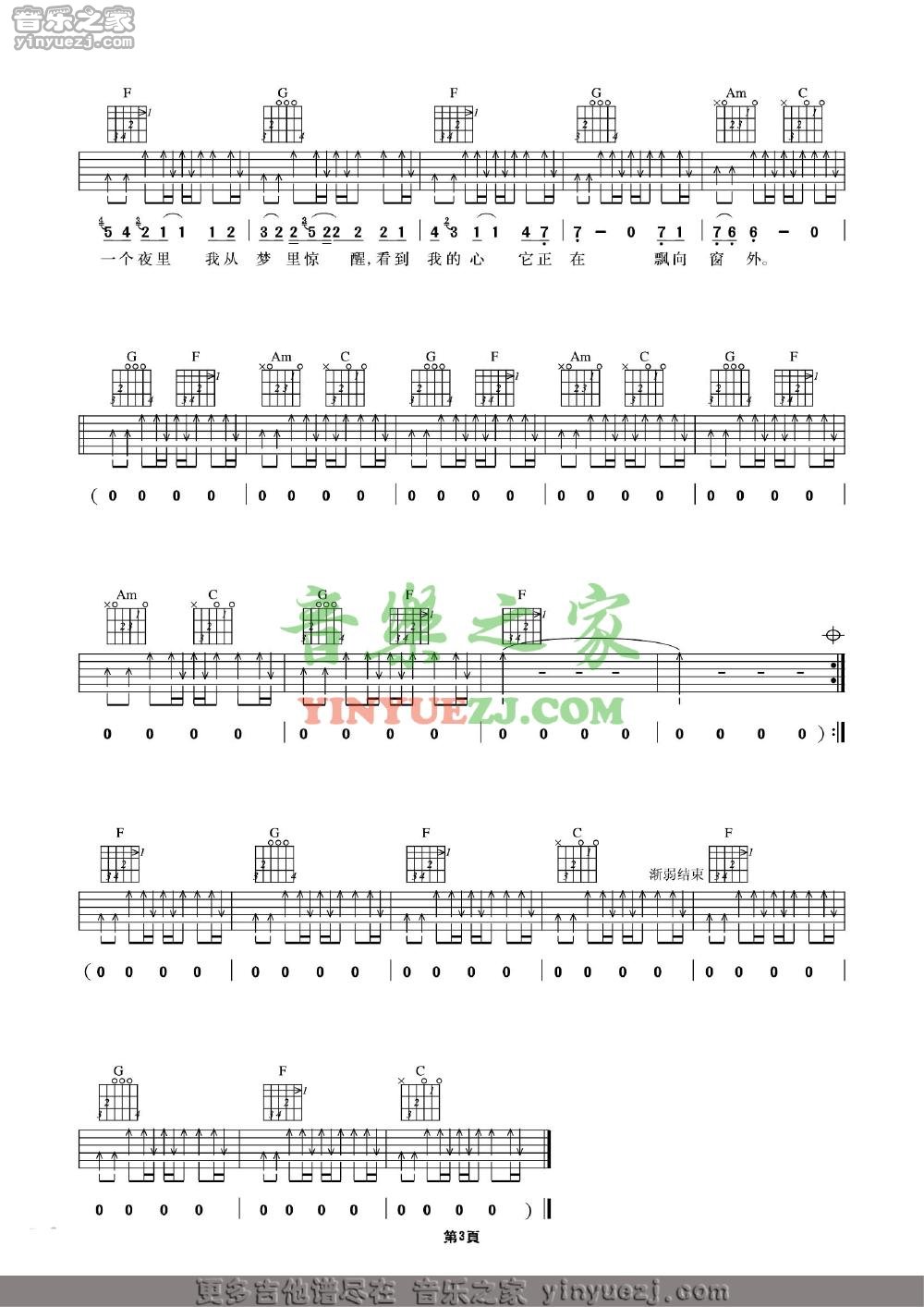 许巍 在别处吉他谱C调 音乐之家弹唱六线谱