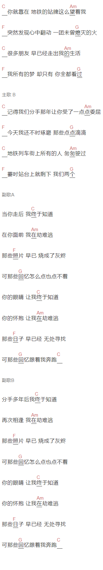 叶蓓 在劫难逃吉他谱C调 弹唱六线谱