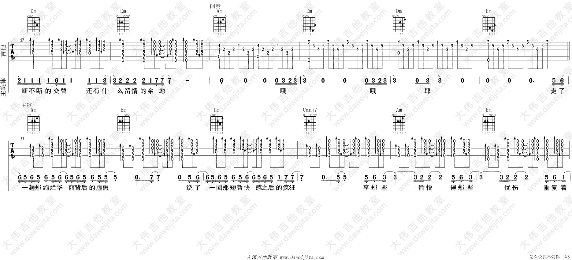 萧敬腾 怎么说我不爱你吉他谱C调 大伟吉他教室弹唱六线谱