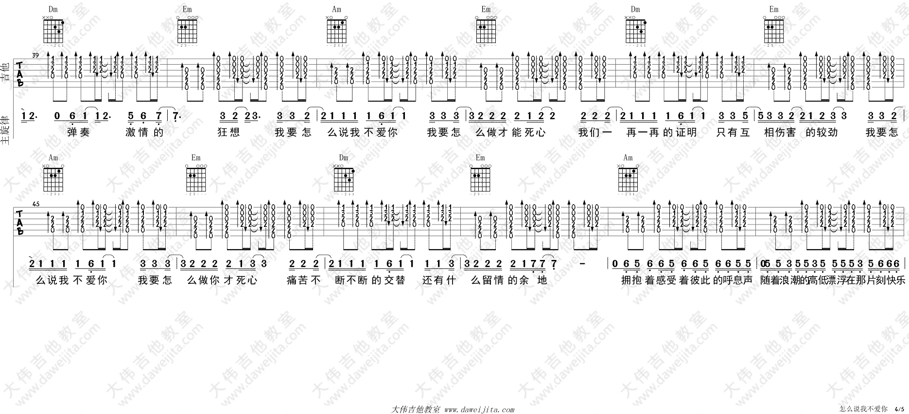 萧敬腾 怎么说我不爱你吉他谱C调 大伟吉他教室弹唱六线谱