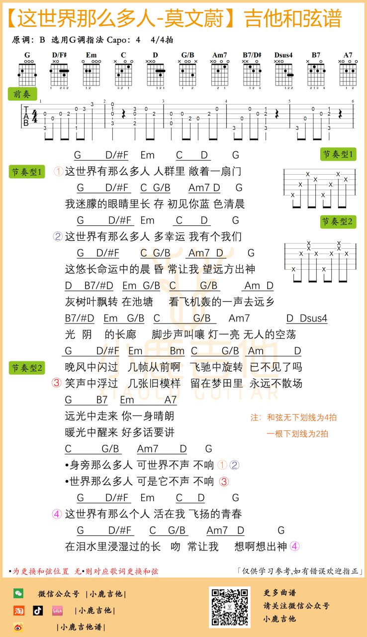 莫文蔚 这世界那么多人吉他谱G调 弹唱六线谱