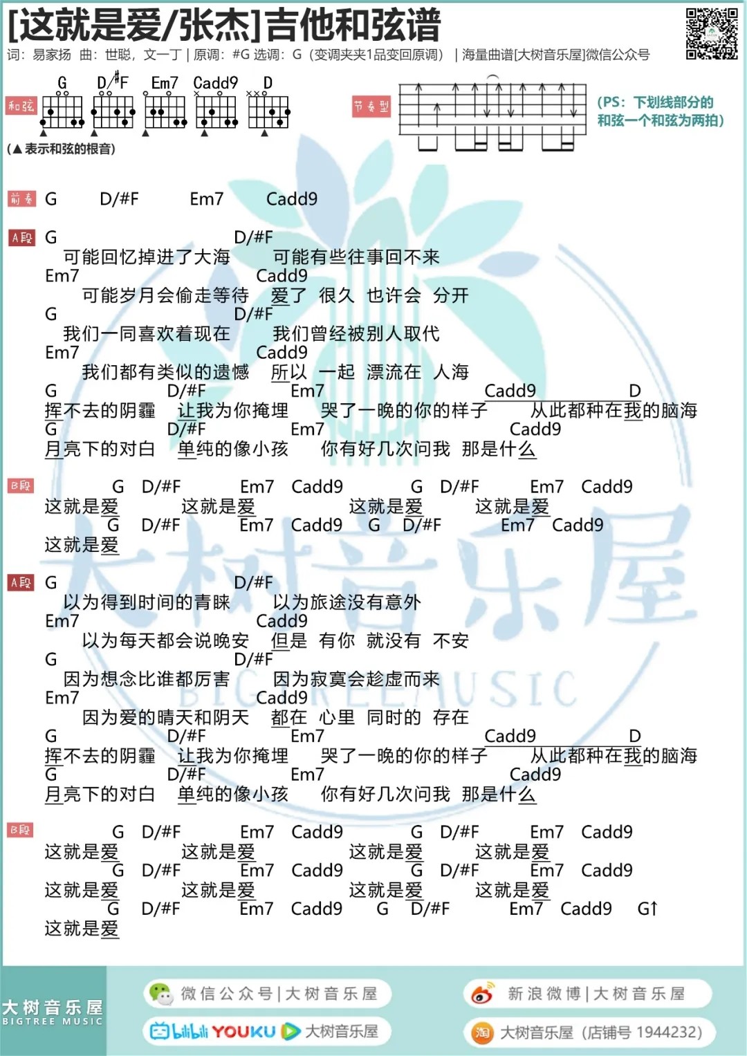 张杰 这，就是爱吉他谱G调 大树音乐屋弹唱六线谱