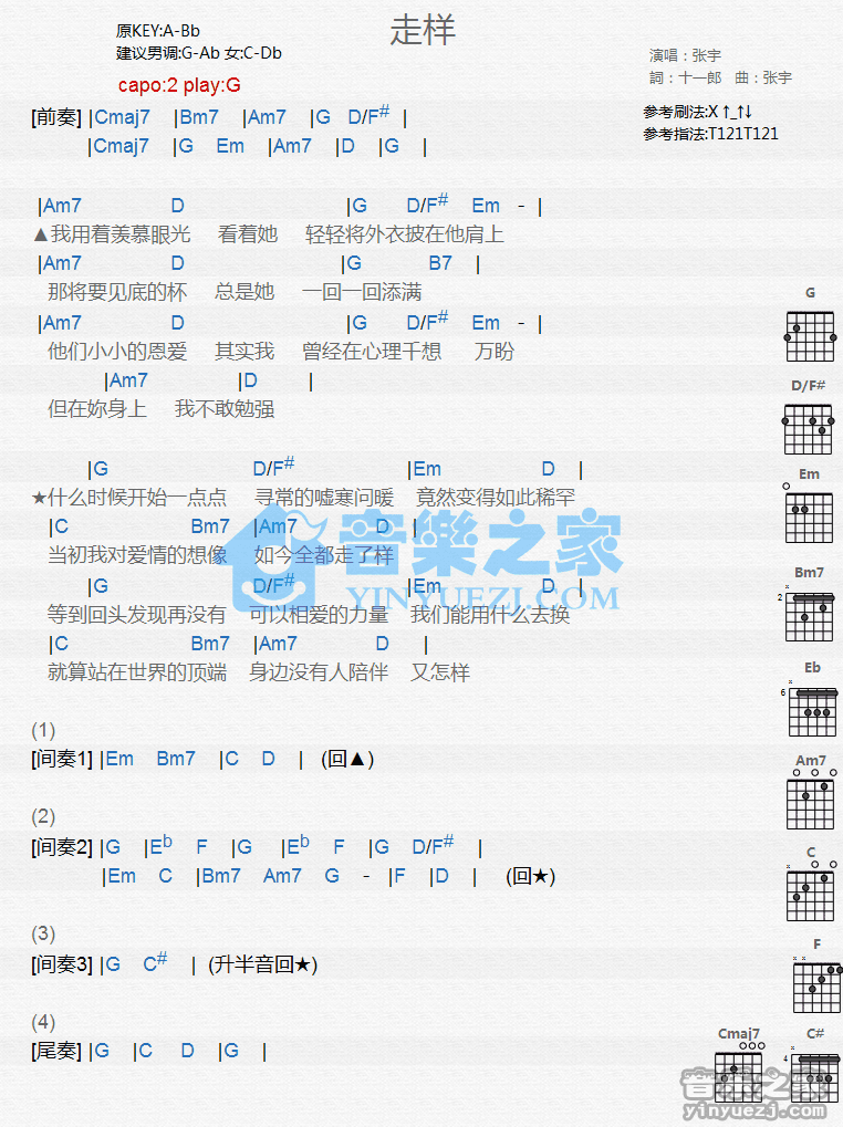 张宇 走样吉他谱C调 音乐之家弹唱六线谱