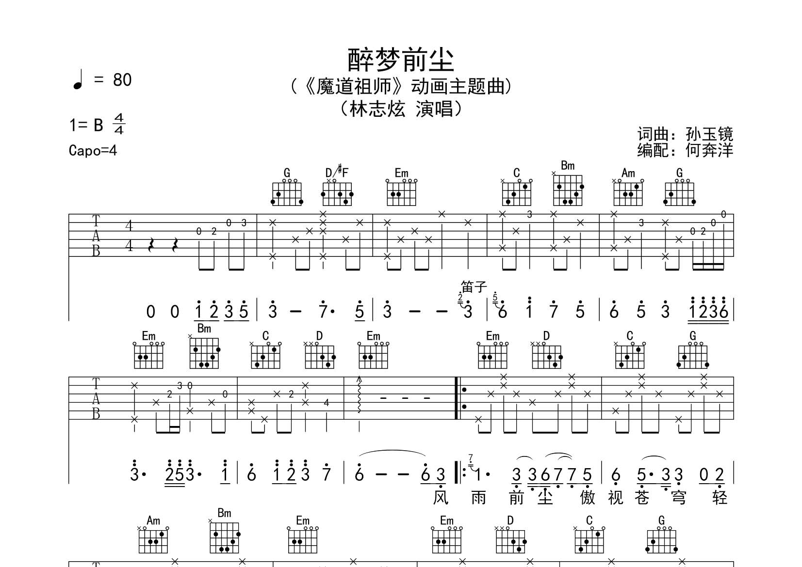 林志炫 醉梦前尘吉他谱G调 飞韵吉他弹唱六线谱
