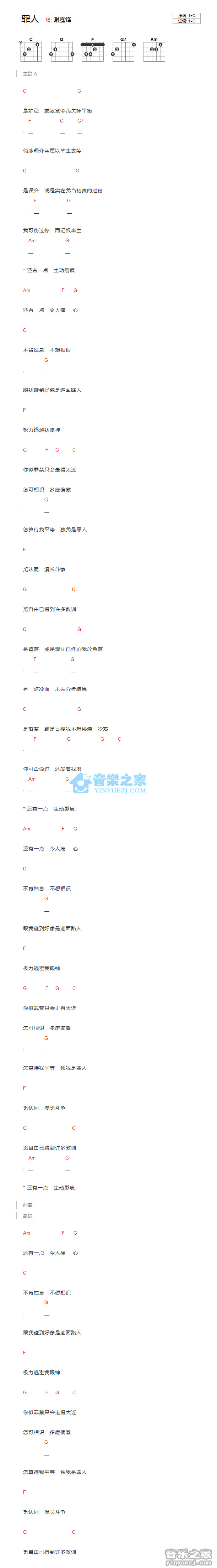 谢霆锋 罪人吉他谱C调 音乐之家弹唱六线谱