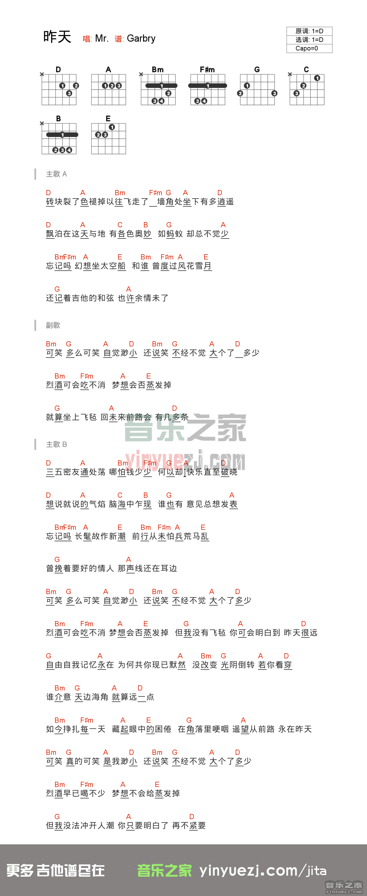 Mr. 昨天吉他谱D调 Garbry弹唱六线谱